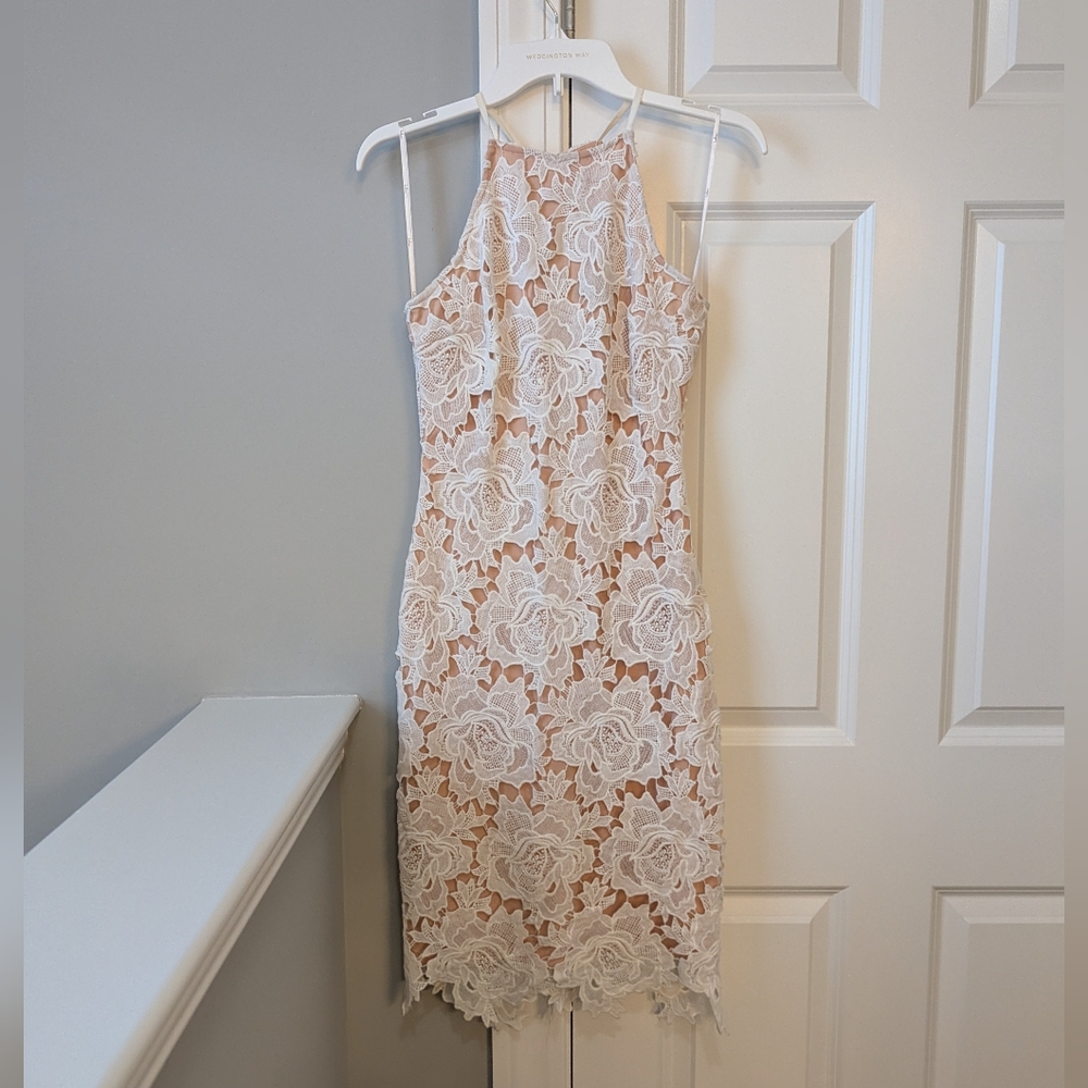 Lulu's White Lace Overlay Midi Dress with Nude Underlay